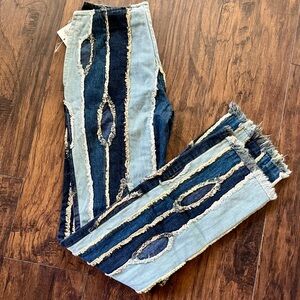 Moschino Denim Patchwork Low Rise Jeans with Frayed Hem